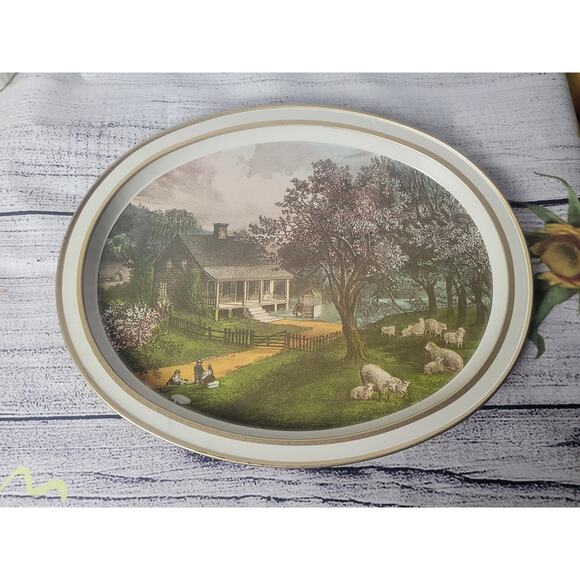 Vintage Currier and Ives Oval Metal Serving Trays 1868 - Picture 11 of 13